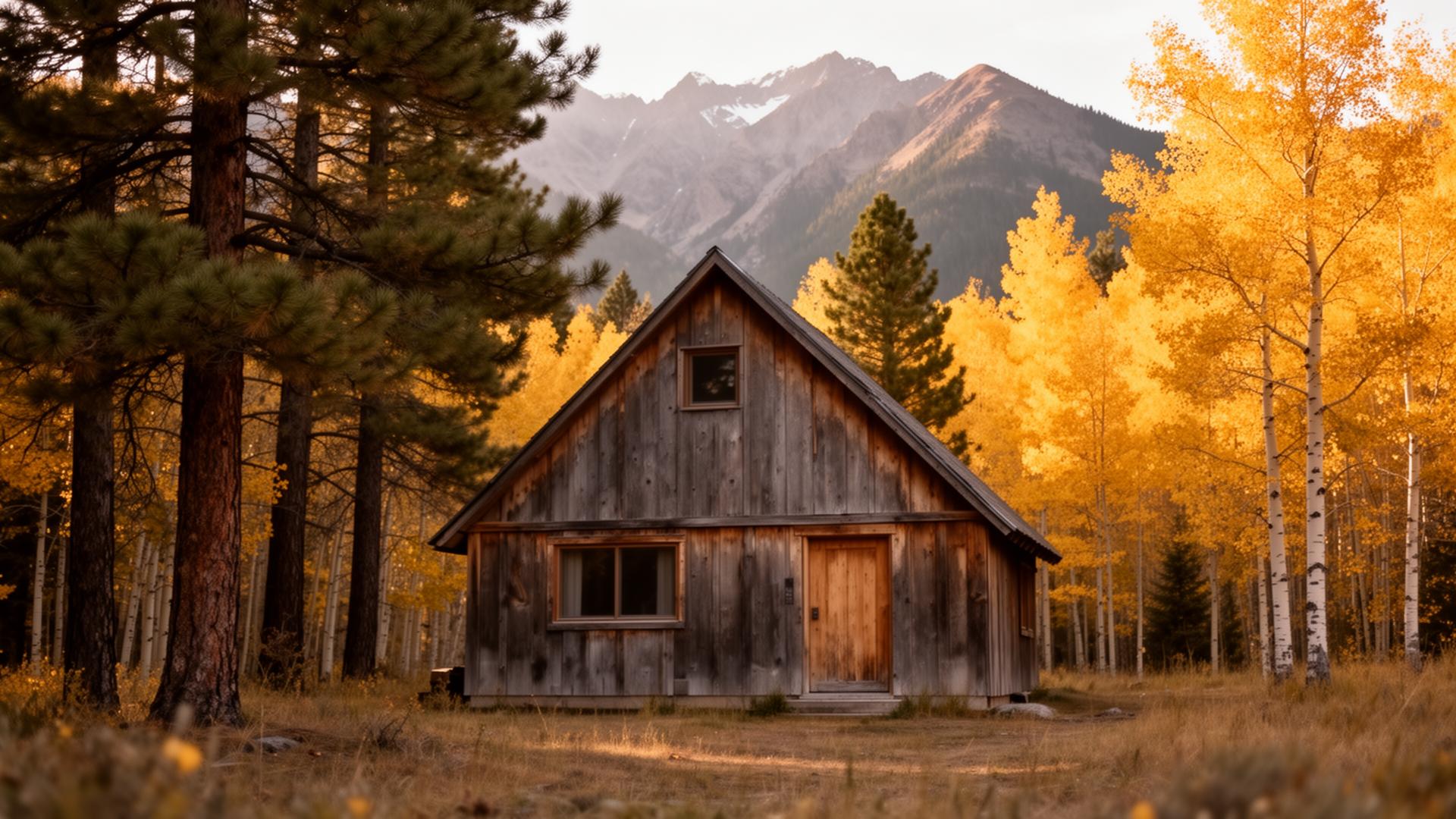 A luxury log cabin glowing at sunset in front of the Grand Tetons near Jackson, Wyoming